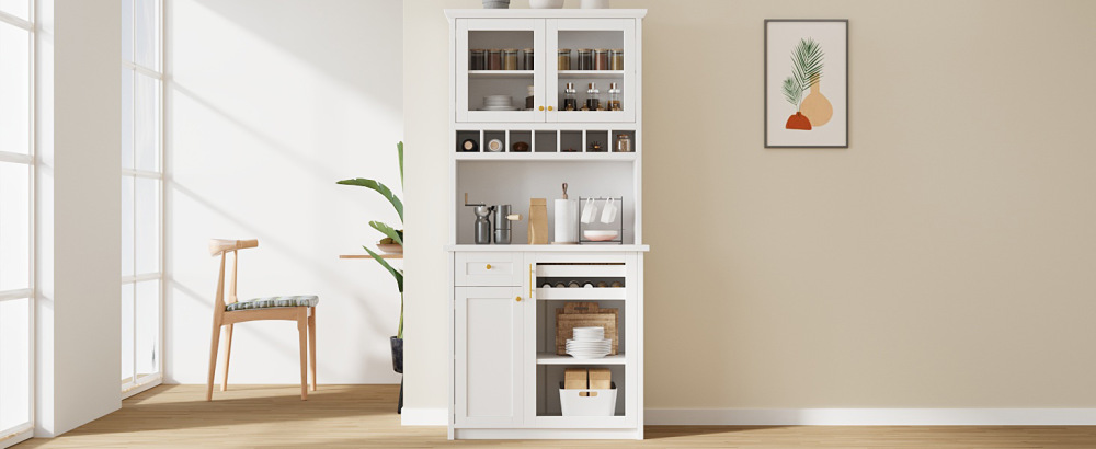 Farmhouse Freestanding Buffet with Hutch, Tall Kitchen Pantry Storage Cabinet with Wine Rack, Adjustable Shelves and Glass Doors for Dining Room, White