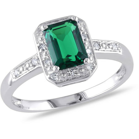 7/8 Carat T.G.W. Emerald-Cut Created Emerald and Diamond-Accent Sterling Silver Halo Ring