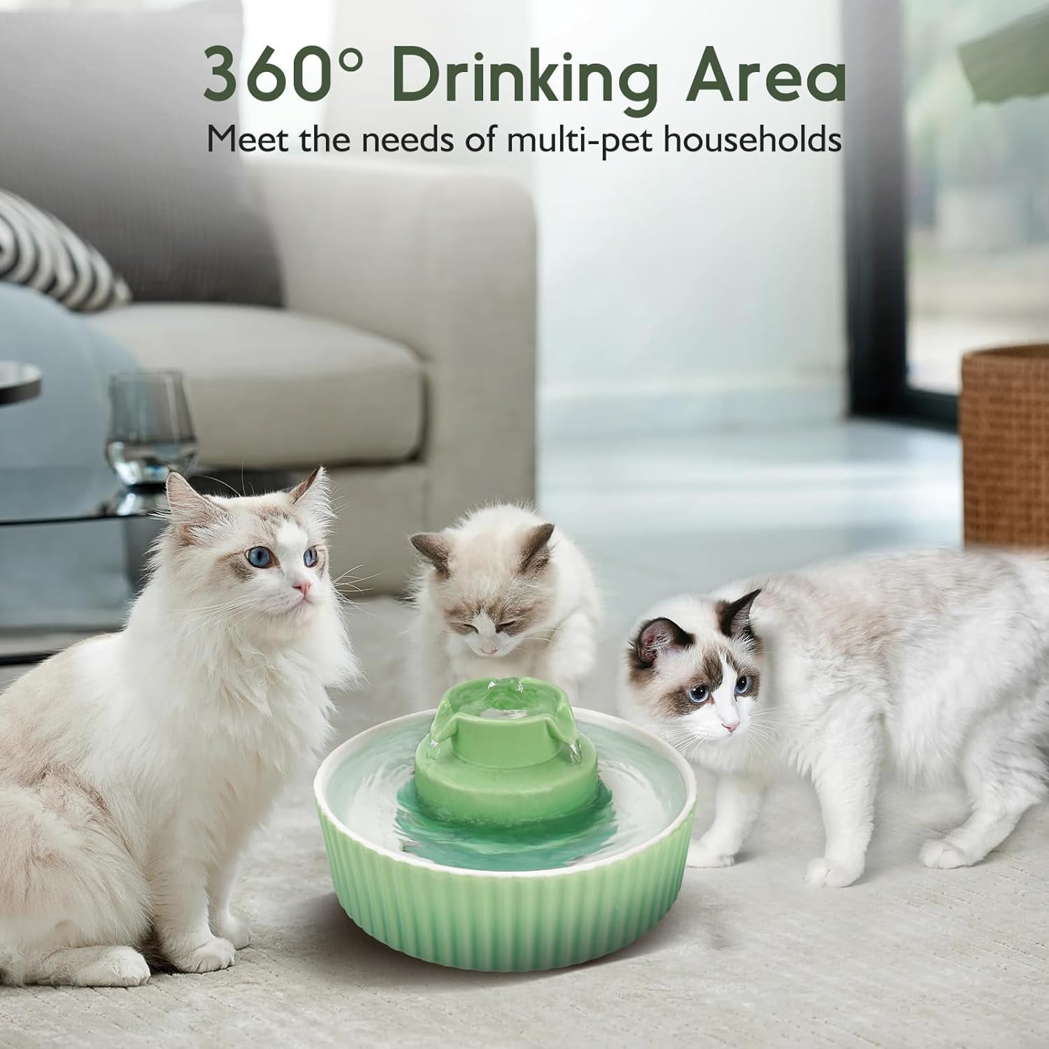 74oz/2.2L Ceramic Cat Water Fountain, Automatic Pet Drinking Fountain for Indoor Cats & Small Dogs, BPA-Free Water Dispenser with Ultra-Quiet Pump, Easy Maintenance