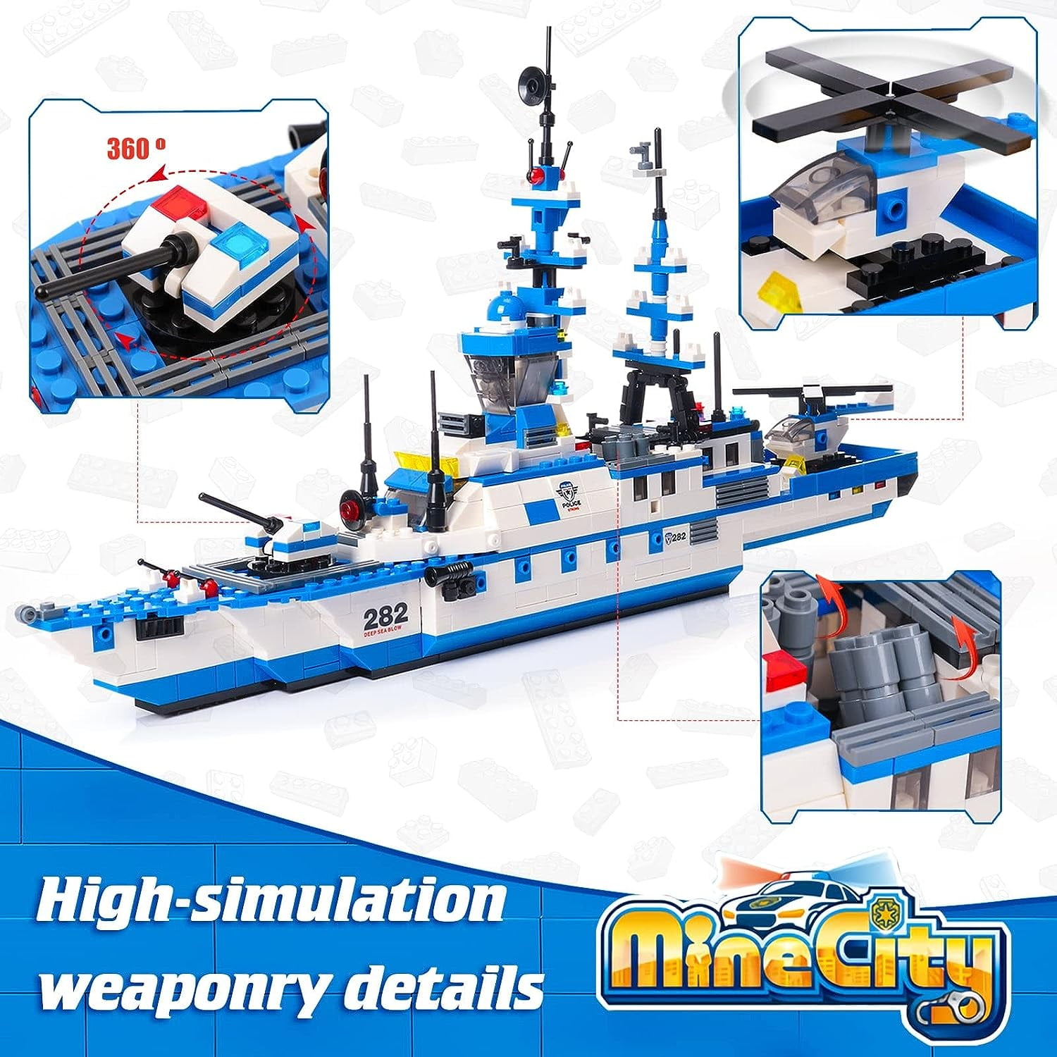 EXERCISE N PLAY 1169-Piece City Police Station Building Kit, 6-in-1 Military Battleship Toy