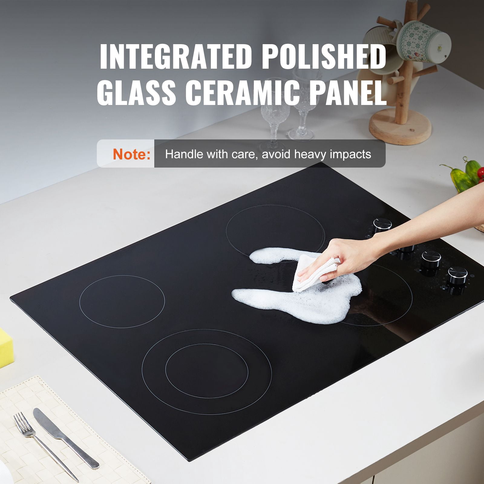30 Inch Electric Cooktop, 4 Burner Built-In Stove Top with Ceramic Glass, 7200W Radiant Heating, Knob Controls&11 Heat Settings, 220-240V Hardwired