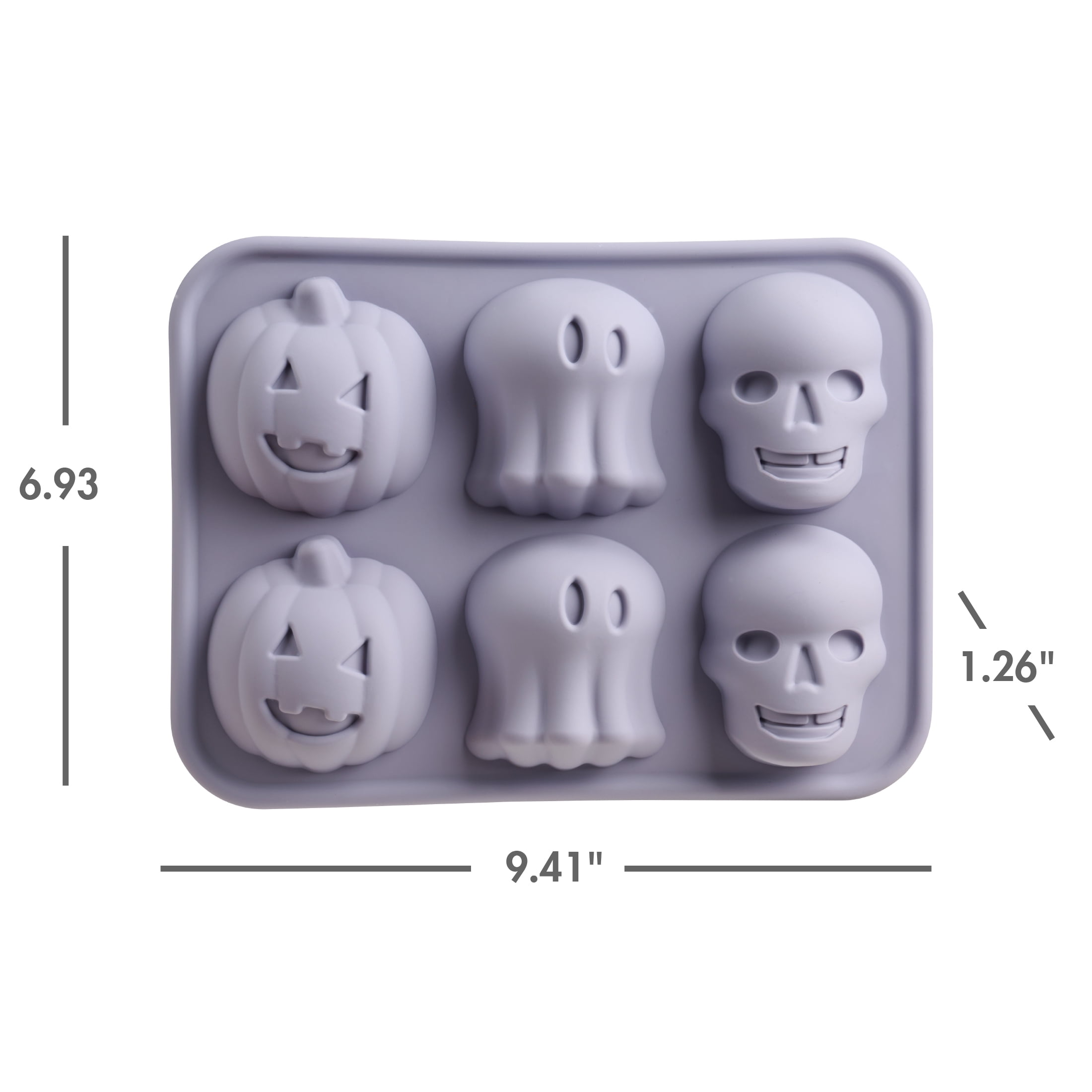Way To Celebrate 6 Cavity Silicone Cakelet Pan, Jack-o’-lantern, Ghost and Skull designs, Purple