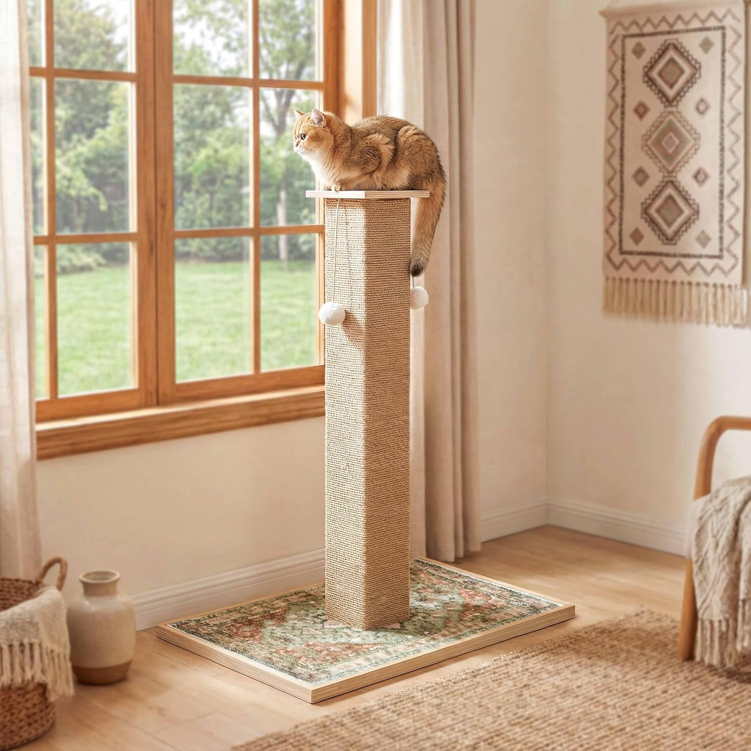 Tall  Scratching Post, 33 Inch  Carpet  Scratcher with Perch for Indoor Cats