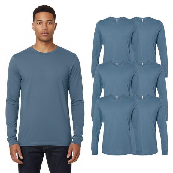 BELLA CANVAS Men Jersey Long Sleeve T-Shirt, Crewneck Steel Blue 6 Pack Bulk Tee, L