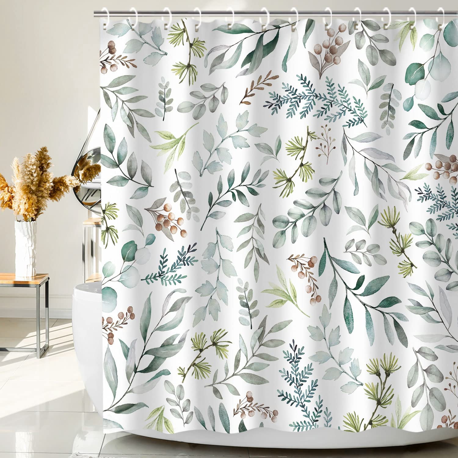 Green Eucalyptus Shower Curtain, Leaves Shower Curtain, Botanical Nature Plant Shower Curtain, Spring Sage Green Leaves Shower Curtain Set with 12 Hooks, 72Wx84H