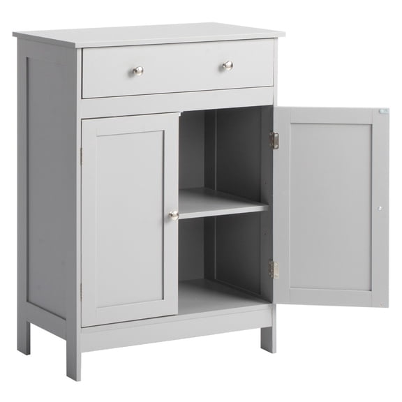 Grey Bathroom Storage Cabinet, Freestanding Floor Cabinet with 1 Drawer & Double Doors, 60×30×80cm, Melamine Surface