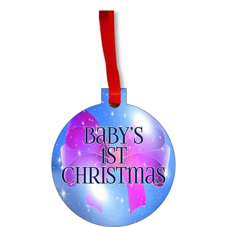 New Baby - Baby's First Christmas Ornament - Baby Girl Bow Round Shaped Flat Hardboard Christmas Ornament Tree Decoration - Unique Modern Novelty Tree Décor
