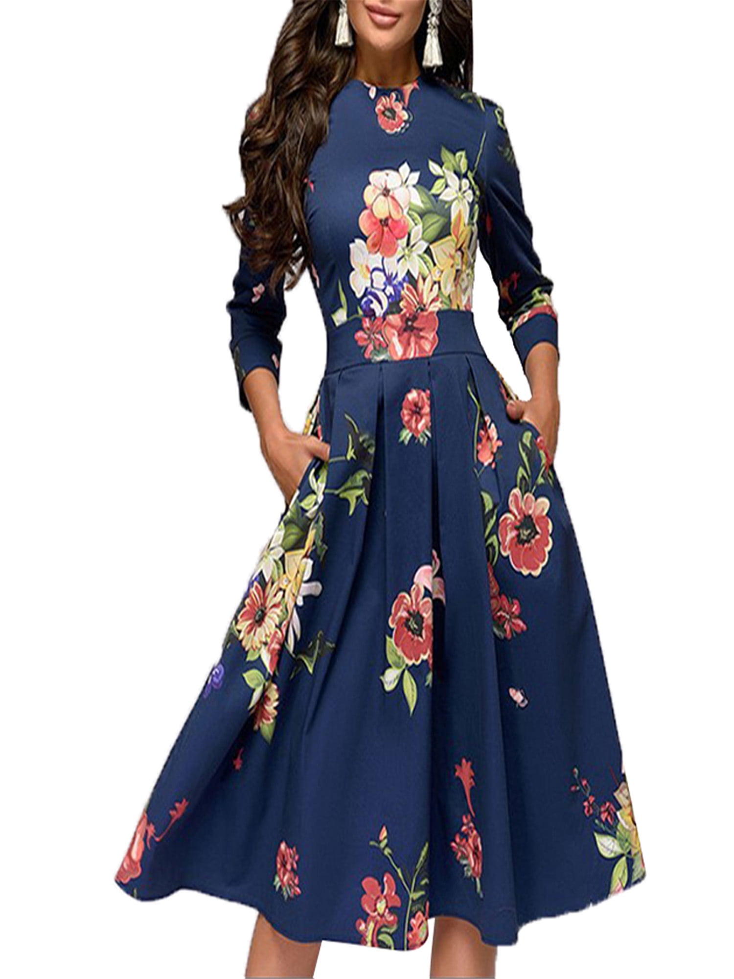 Canis Women Casual Floral Midi Dress with Pockets Elegant Evening High ...