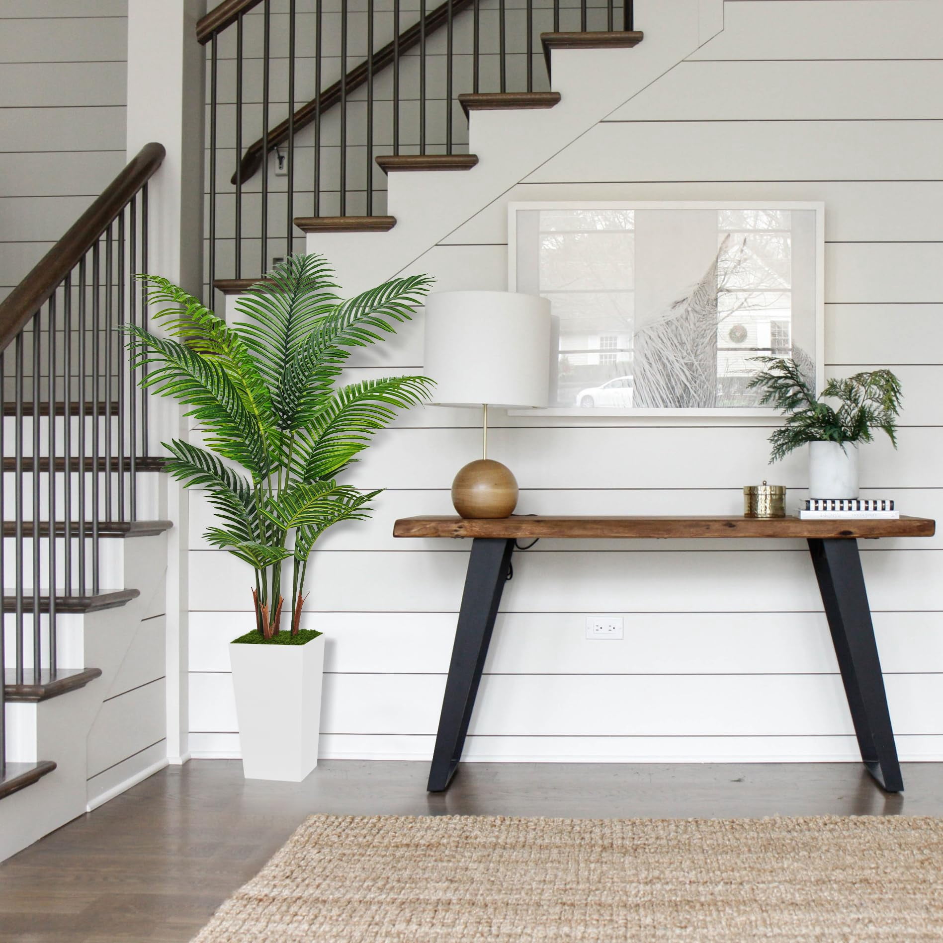 Artificial Palm Tree 5FT - Fake Tree with White Tall Planter - Faux Tropical Areca Floor Plant in Pot - Artificial Silk Plant for Home Office Living Room Decor Indoor