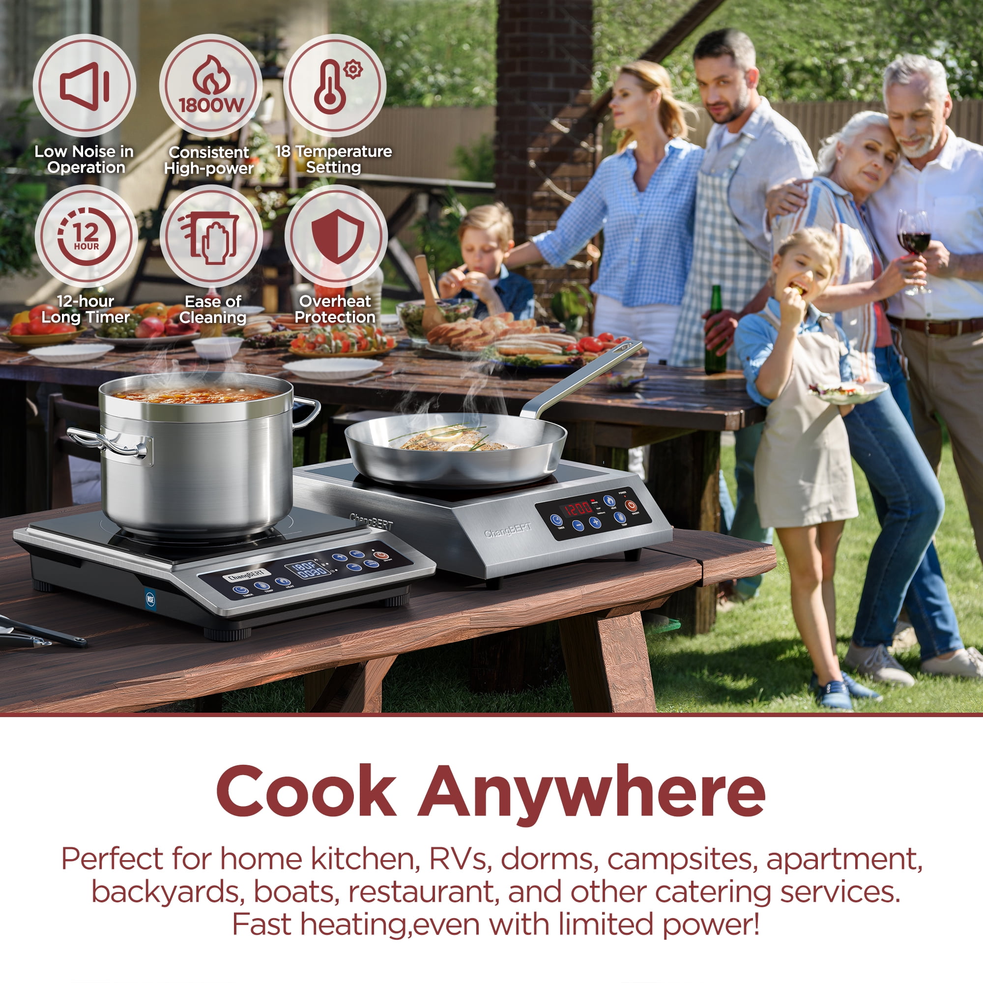 ChangBERT Portable Induction Cooktop Enhanced Version, One-Click Max Power 1800W Large Heating Coil Burner, Precise Temperature Control, NSF Certified Commercial Grade Low Noise Hot Plate