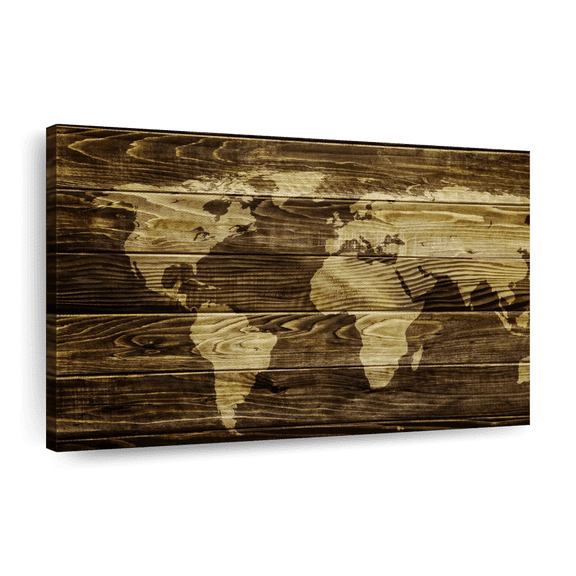 Elephant Stock Dark Wood World Map Wall Art - Horizontal Canvas Wall Art - Living Room Wall Decor - Map Canvas - Brown And Black Decor - 12" x 8"