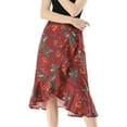 thumbnail image 2 of Women's Summer Boho Skirts Ruffle Flare Tie Waist High Low Floral Wrap Skirt (Size M / 10) Red, 2 of 7
