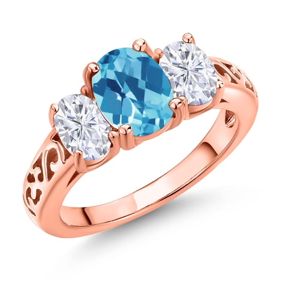 Gem Stone King 18K Rose Gold Plated Silver Swiss Blue Topaz and White Moissanite Filigree Style 3 Stone Ring for Women (2.30 Cttw, Oval 8X6MM and 6X4MM) (Size 9)
