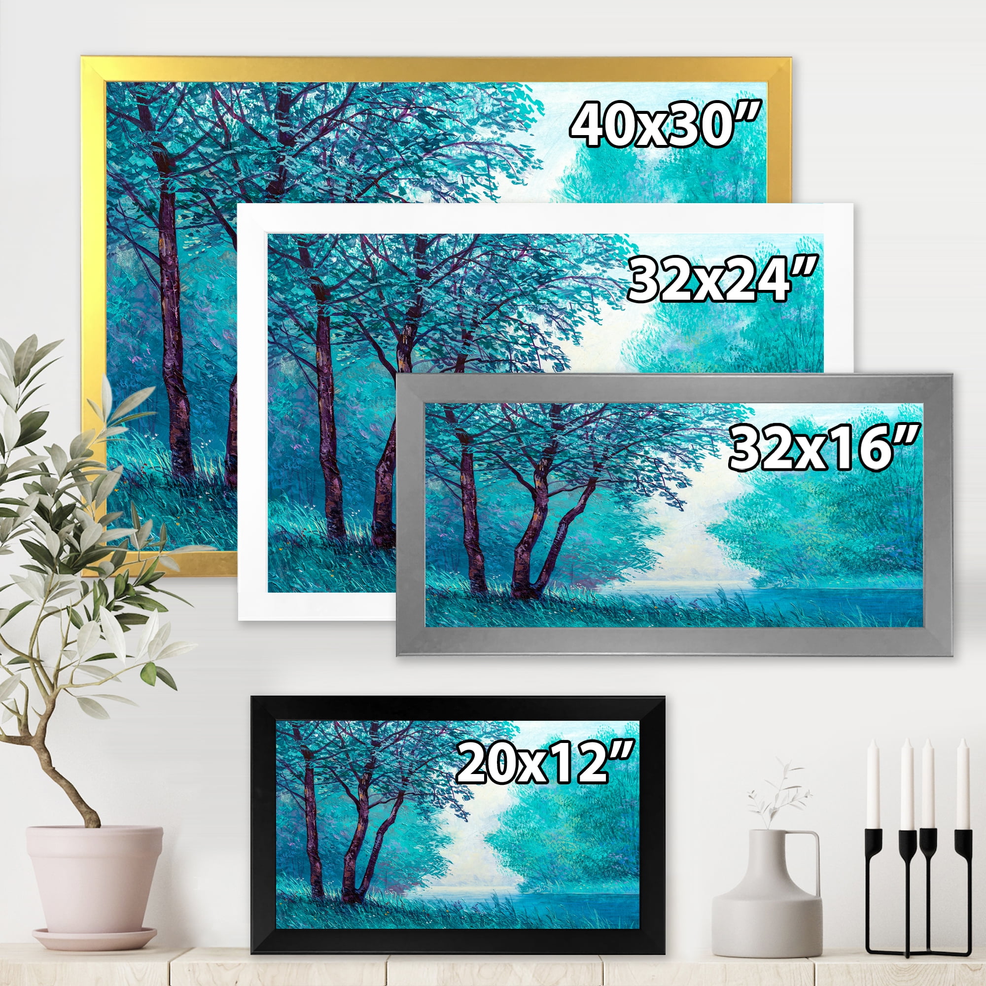 Designart 'Blue Coloured Tree Impression By Riverside' Lake House Framed Art Print
