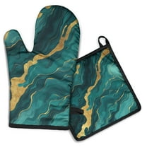 Teal Gold Marble Kitchen Oven Mitt and Pot Holder Sets 2 Pcs for Baking, Cooking and Grilling, Heat Resistant Up To 392 °F