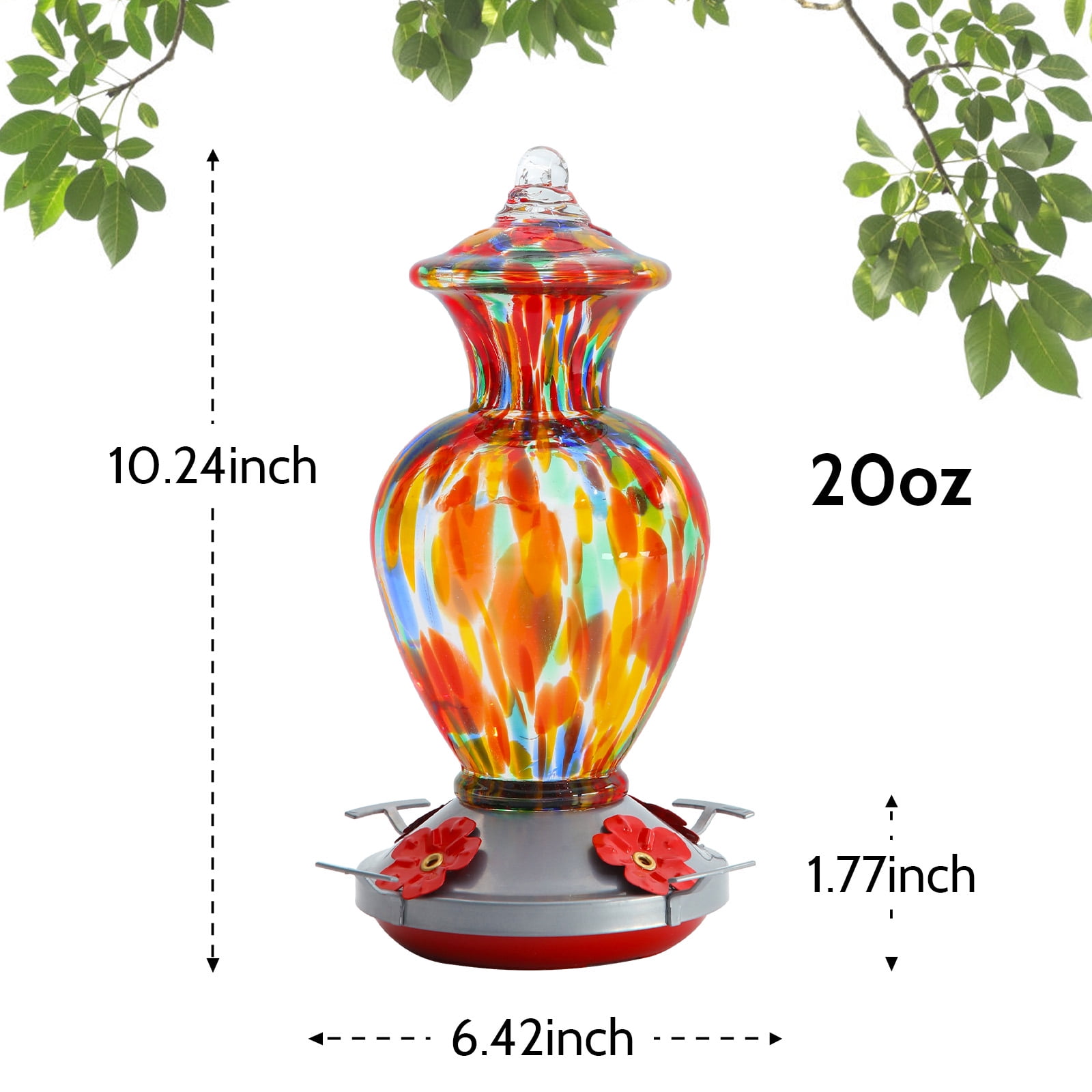 Birdkiss Hanging Hummingbird Feeders for Patio Decor, Hand Blown Glass Hummingbird Feeders with Leak Proof, Rustproof & Ant Moat, 20 fl. oz Capacity