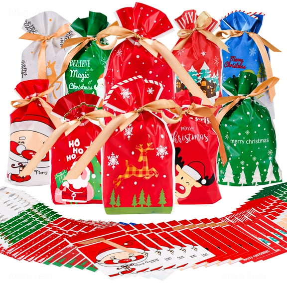 NiHome 50 Pack Merry Christmas Drawstring Gift Bag with Golden Ribbon 10 Designs for Candy, Cookies, Small Gifts , Food Safe EVA Material with Assorted Holiday Patterns for Decorations & Parties