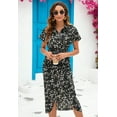 thumbnail image 4 of Furvclv Women's Boho Floral Short Sleeve V Neck Ruched Bodycon Dress with Tie Slit Hem Beach Dress, 4 of 6