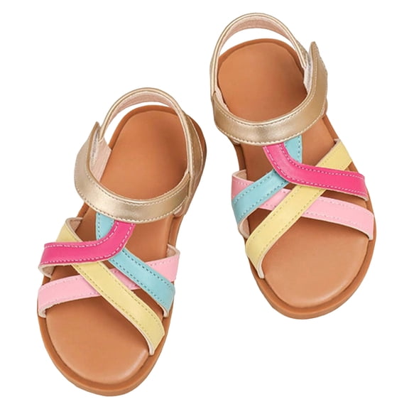 Girls Gladiator Sandals Color Block Strappy Casual Beach Shoes Open Toe Princess Dress Flat Shoes Pink 13.5 Little Kid