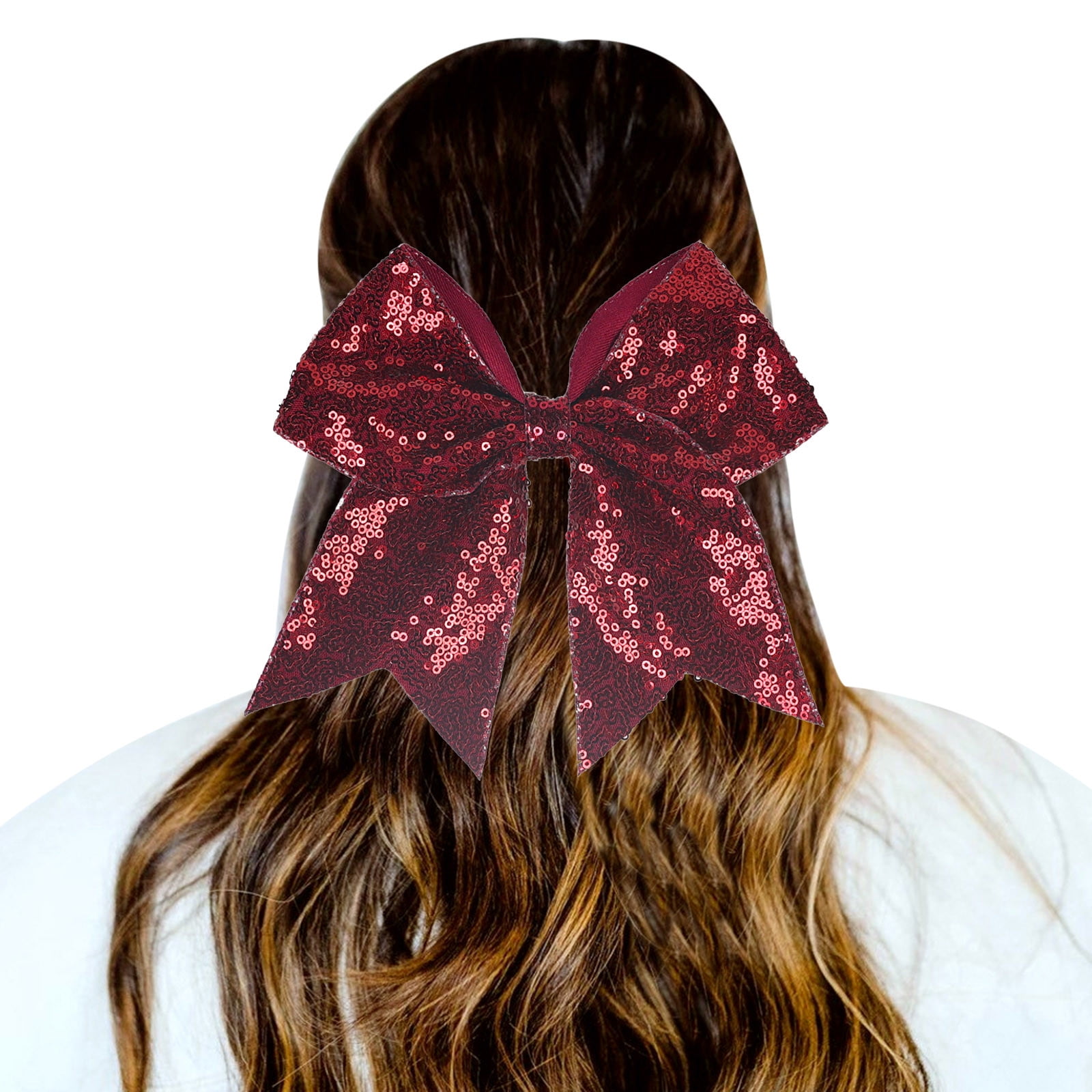 Large Glitter Cheer Hair Bows Colorful Sparkly Sequin Big Bow Hair Ties Ponytail Holder Elastic Band Handmade for Cheerleading Teen Girls College Sports Wine One Size