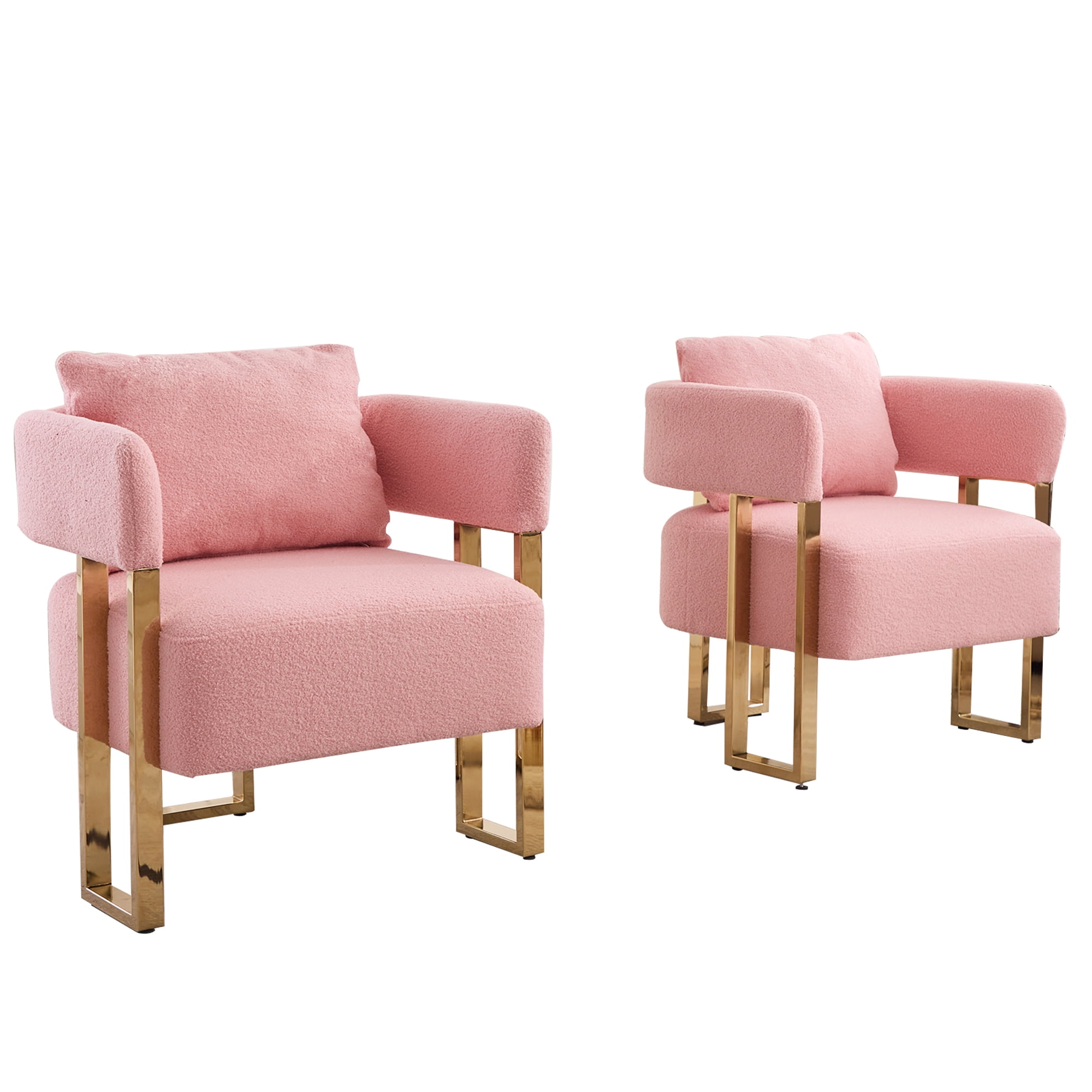 Leumius Teddy Accent Chairs Set of 2,Morden Upholstered Armchair Dining Side Chairs with Gold Metal Legs for Dining Kitchen Living Room,Pink