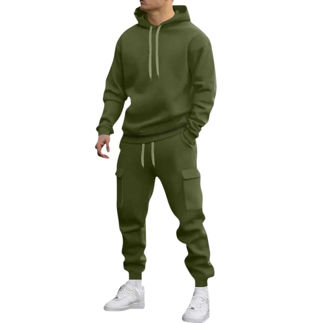 Mens Long Sleeve, Tracksuit with Hooded Pullover and Elastic Waist