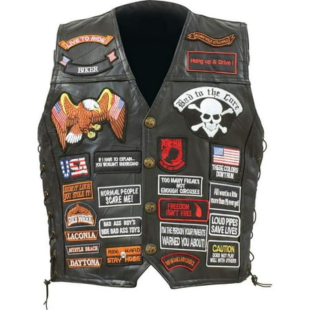Biker Vest Lace-Up Buffalo Leather Motorcycle USA Flag Eagle w/ 42 Patches (Best Motorcycle Airbag Vest)