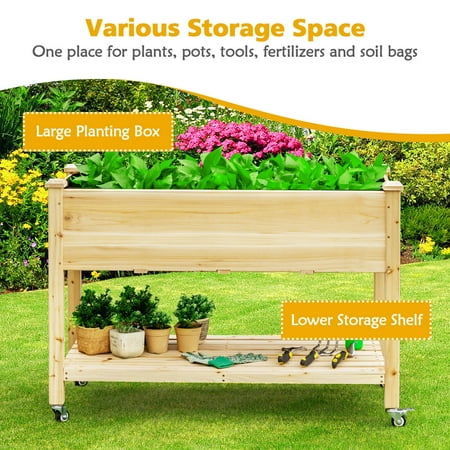 Gymax Raised Garden Bed Wood Elevated Planter W Lockable Wheels Shelf Liner Canada Gymax Raised Garden Bed Wood Elevated, What Do You Line A Raised Garden Bed With Drawers