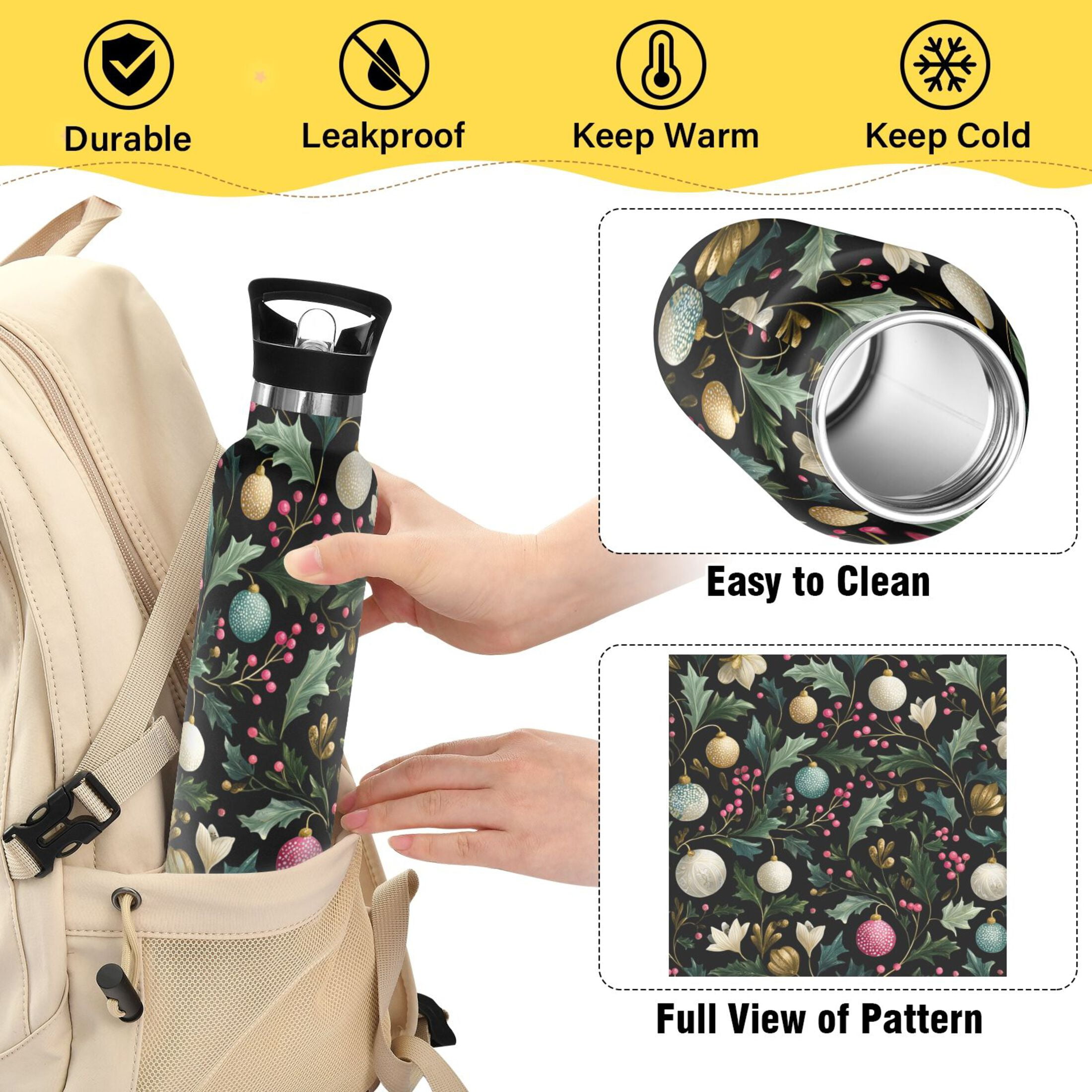 Kids Insulated Stainless Steel Sports Water Bottle 600ml (20oz) Vintage Christmas Decorations Pattern