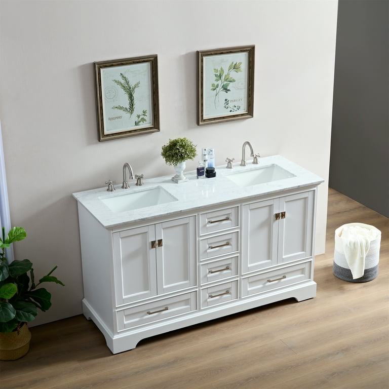 Stufurhome Newport White 60 inch Double Sink Bathroom Vanity