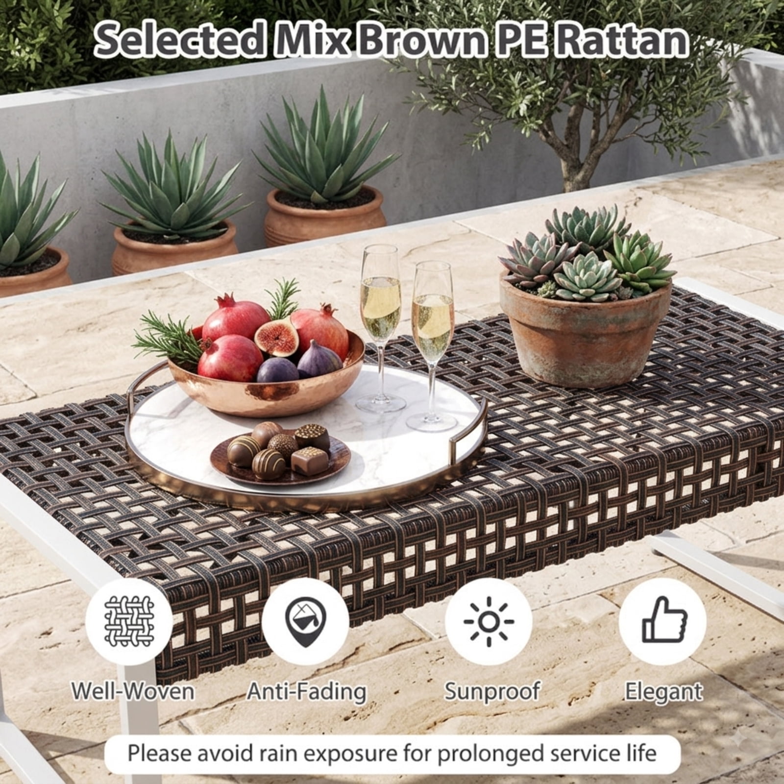 Furnibear 43 Inch Patio Rectangle Ottoman Set of 2, Outdoor PE Rattan Wicker Footrest with Metal Legs & Cushion for Backyard Poolside, 800 LBS, Beige