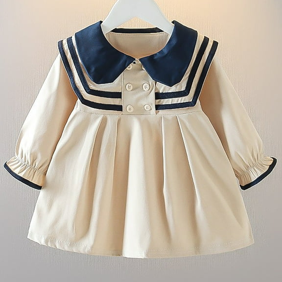 NAISIBABY Toddler Girls Long Sleeve Dress, College Style Lapel Casual Midi Dress Beige 3-4T