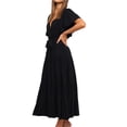 thumbnail image 2 of Liacowi Women Summer Dress with Waist Belt, Plain Short Sleeve Ruched V-Neck Loose Dress, Ladies Casual Long One-Piece, 2 of 4