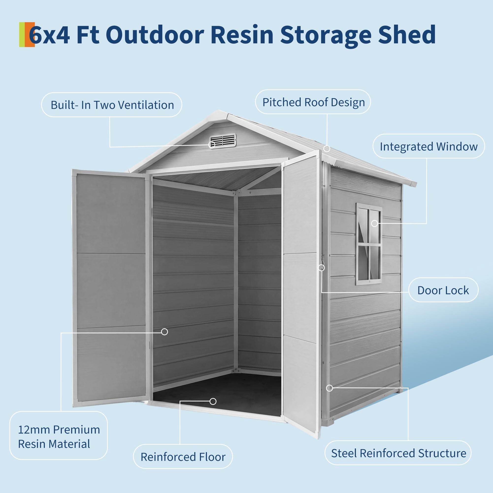 6x4 FT Plastic Resin Outdoor Storage Shed with Floor, Weatherproof Garden Shed with Window & Lockable Door for Tools, Bikes & Lawn Mowers-Gray