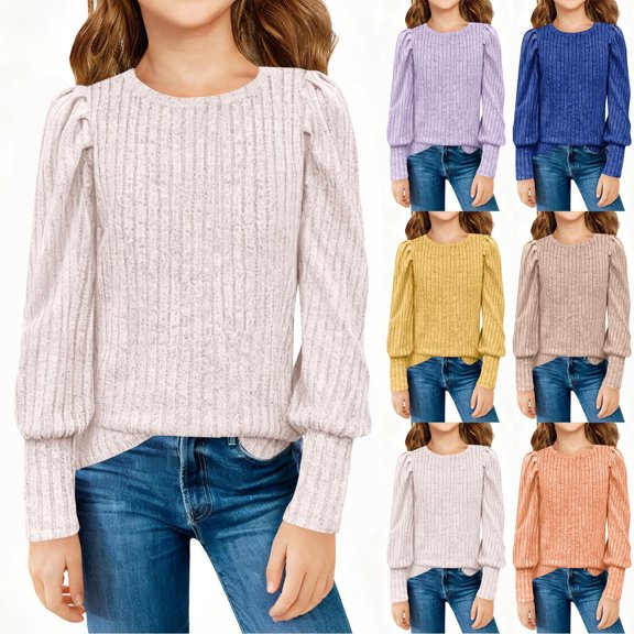 Ashirexll Girls Long Sleeve Shirts Solid Color Ribbed Brushed Round Neck Pullover Top for Big Kids Casual Layer 5-14 Years