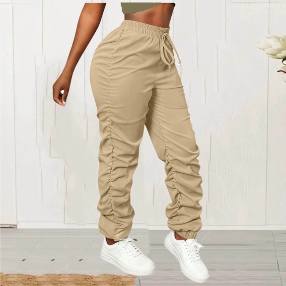 Womens Solid Color Pleated Cargo Pants Elastic Waist Pockets Stretchy Comfy Fabric Outdoor Hiking Casual Daily Weekend Travel Workwear Ladies Outfit Khaki L