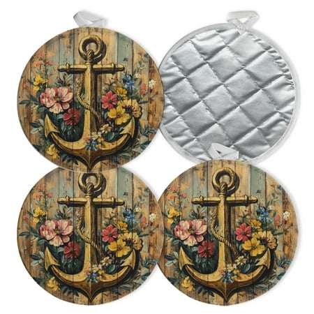 

4 PCS Pot Holders for Kitchen Potholders Sets with Hook for Oven Cooking Baking Antique - Look Anchor Surrounded By Flowers And Birds