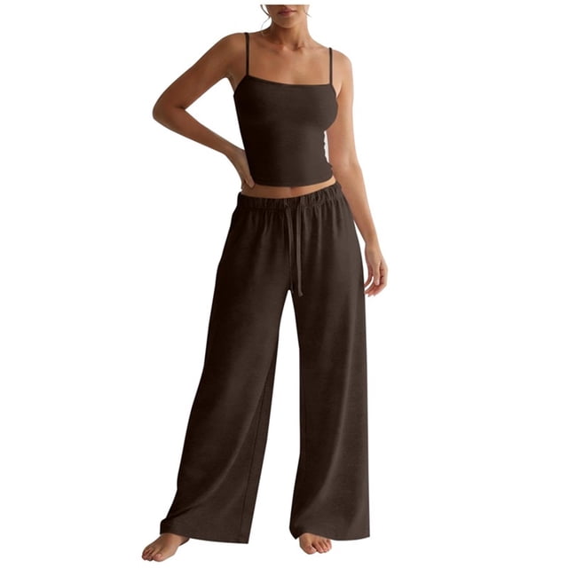Pantalones Blancos Flare para Mujeres Estilo Color Sólido Suelto Apretado Cintura Cuello Redondo Tirar Cuerda Eslinga Cami Superior Y Pantalones de Cilindro Recto Conjunto de Medias de Encaje Blanco
