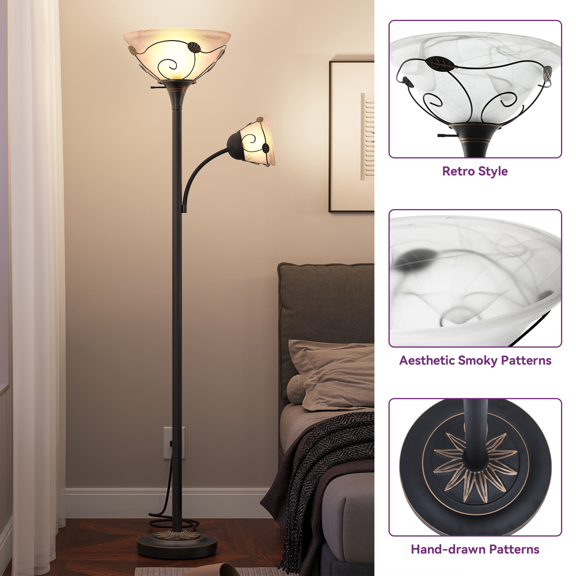Uforic 71'' Traditional Torchiere Floor Lamp, Hand-Painted Bronzed Pattern with 3-Way Switch & Alabaster Glass Shades(Light bulbs not included)