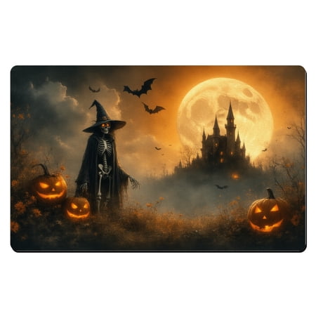 Halloween Indoor Mat,A skeleton in a witch's hat standing in front of a castle with pumpkins,Halloween Washable Rug,Small Kitchen Mat,Front Door Mat Outside
