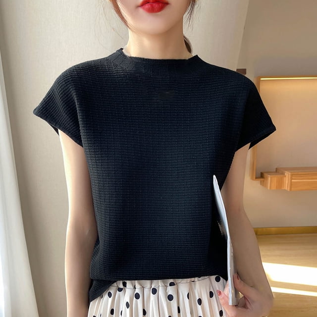 Hauts d'Été Femmes Grande Taille Hauts pour Femmes Demi-Haut Col Rond Chandail Débardeur Ample Mode Tricoté T-Shirt de Base