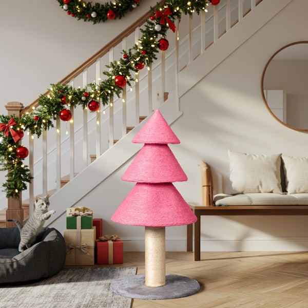 Alvantor Christmas Tree Cat Scratching Post Tower 31.5 in Tall Sisal Rope Scratcher with Fleece Base Pink
