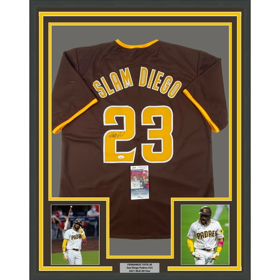 Framed Autographed/Signed Fernando Tatis Jr. 35x39 Slam Diego San Brown Baseball Jersey JSA COA