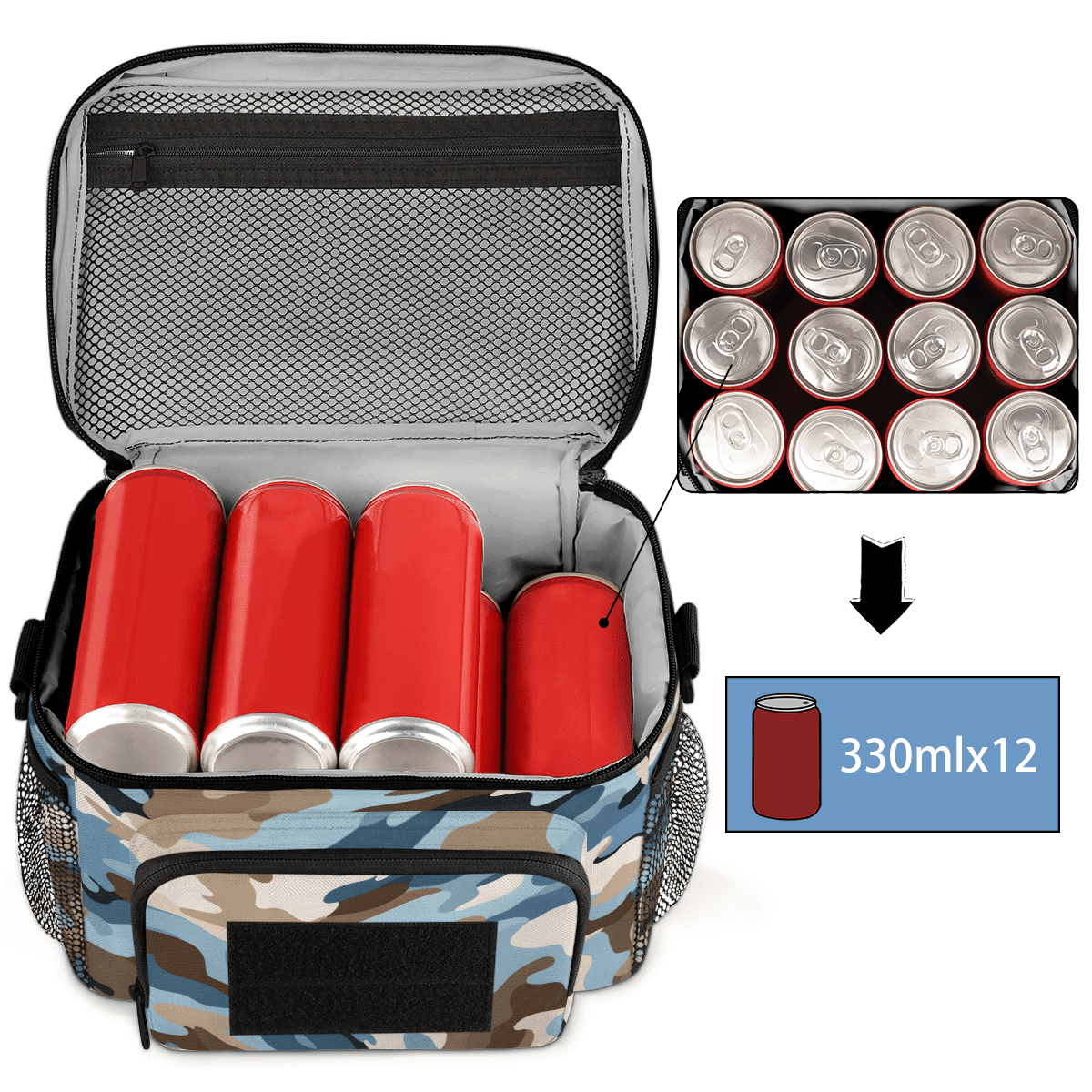 Water-Resistant Tactical Lunch Bag，0.4 Inch Insulated Meal Prep Bag with Removable Strap & Pouch,Camouflage Cooler Bag for Work,Gym,or Outdoor