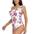 thumbnail image 4 of Balery Purple Mushroom One Shoulder Swimsuits for Women Ruffle Swimsuits Tummy Control One Shoulder Bathing Suits-Small, 4 of 8
