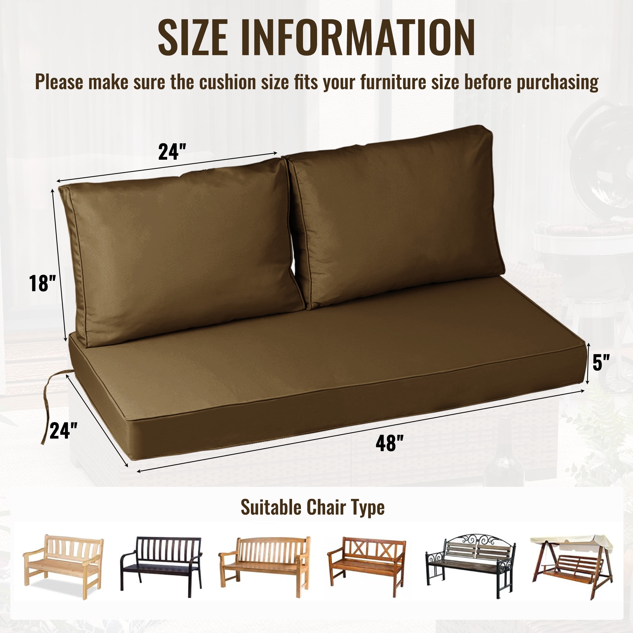 Geemuslly 48 x 24 Outdoor Loveseat Cushion Set, Waterproof & Fade-Resistant Patio Replacement Cushions for Sofa, Bench, or Swing – Thick Seat & Backrest Support,Coffee