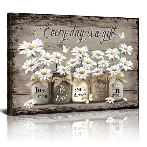 XIBUFE Rustic Wall Art Daisy Butterfly Gift Canvas Vintage Floral Wall Art Flowers Inspirational Picture For Bedroom Living Room Bathroom Office Wall Decor Framed Home Decorations Ready Hang 12x16"