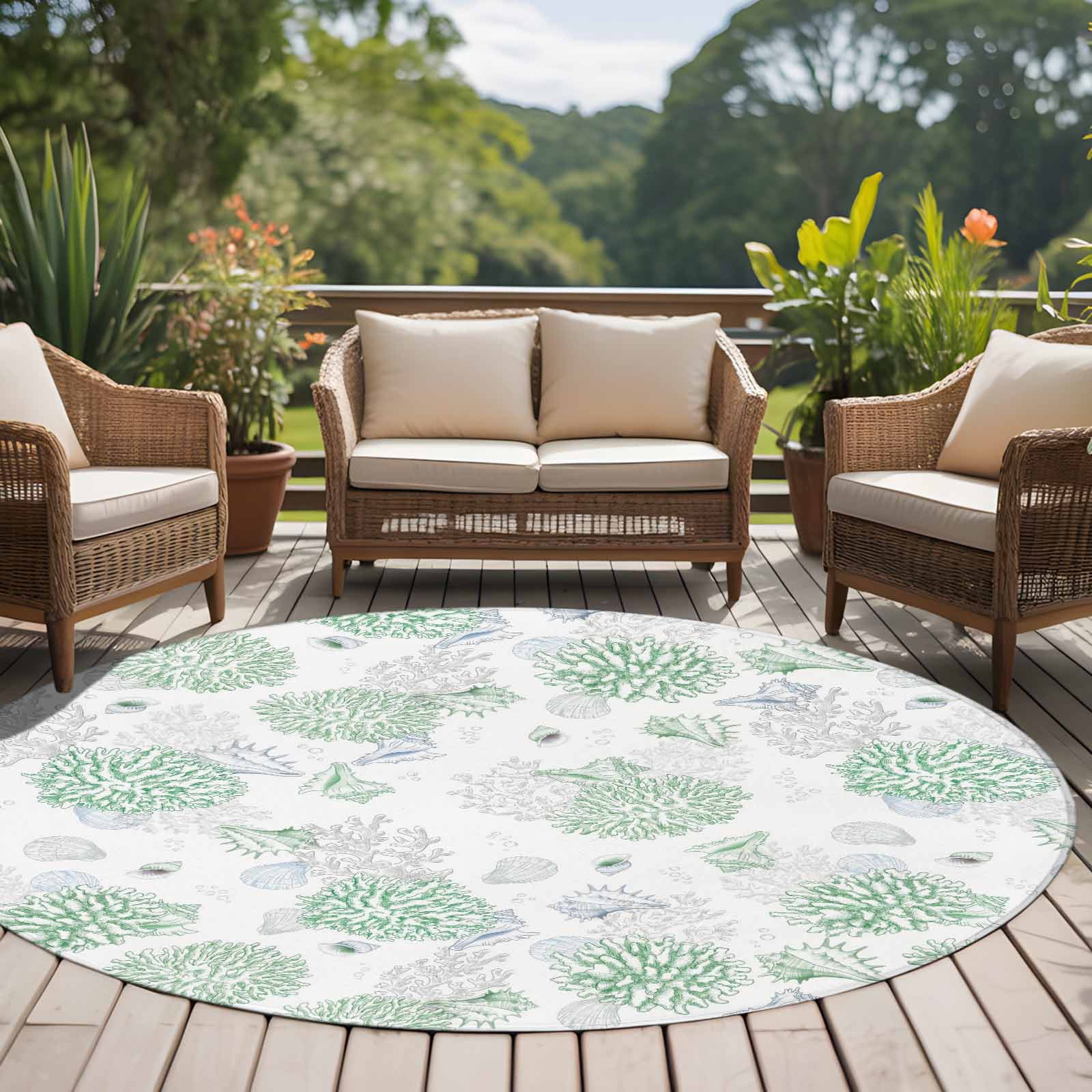 Green Gray Coastal Round Area Rug 7Ft Washable Circle Rugs for Dorm Laundry Room, Summer Beach Ocean Coral Conch Shell Non-Slip Carpet Floor Mats Indoor Outdoor Carpet Runner Aesthetic Home Decor