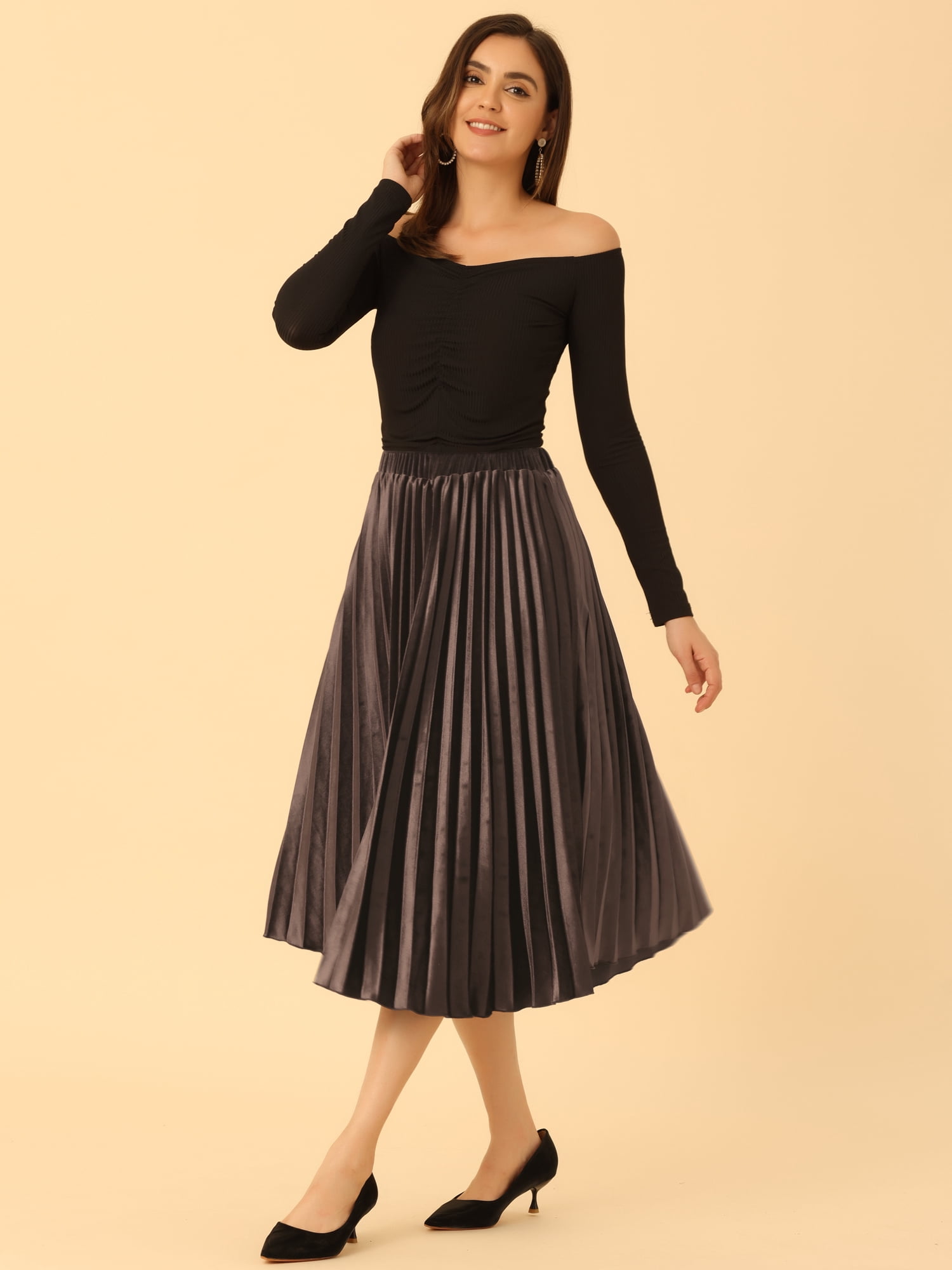 DARING DIVA Women's Velvet Pleated Swing Midi Skirt S Dark Brown