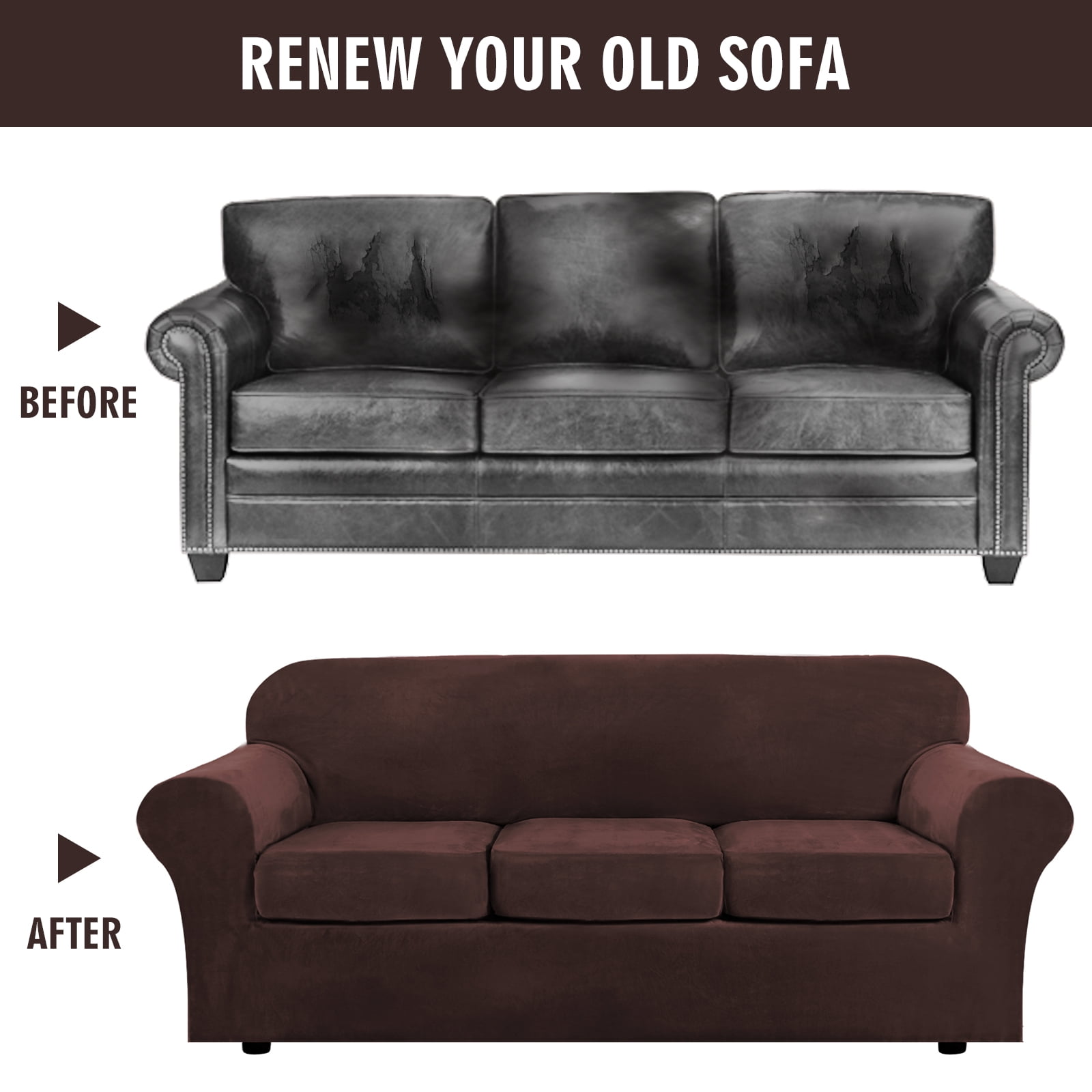 Topchances Stretch Non-Slip 4-Piece Polyester Velvet Sofa Slipcovers, Brown